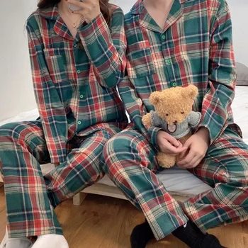 

2020 New Sleepwear Women's Cotton Autumn Simple Plaid Loose Couple Pajamas Home Service Suit Sleep Wear for Women Set