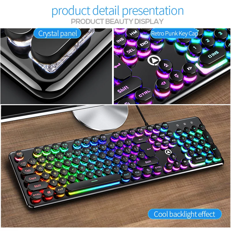 104 Keys Crystal Panel Gaming Wired Keyboard Round Punk USB Pink Typewriter Retro Game Keyboards for Home Office Gamer