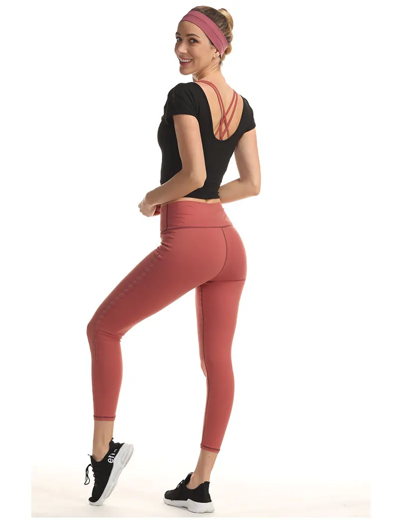 Autumn new lady blouse women feel beautiful back running fitness suit side shoulder jujube short sleeves Gym Shirt Vest