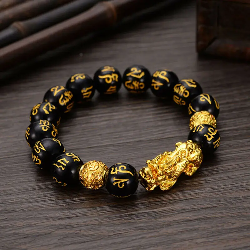 Фэн Шуй черный бисер сплав богатство браслет с золотой Pixiu подвески ювелирные изделия