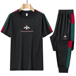 Survêtement de sport pour hommes, taille élastique, Patchwork, lettre, ensemble deux pièces, broderie, col rond, t shirt, jogging, vêtements de sport 
