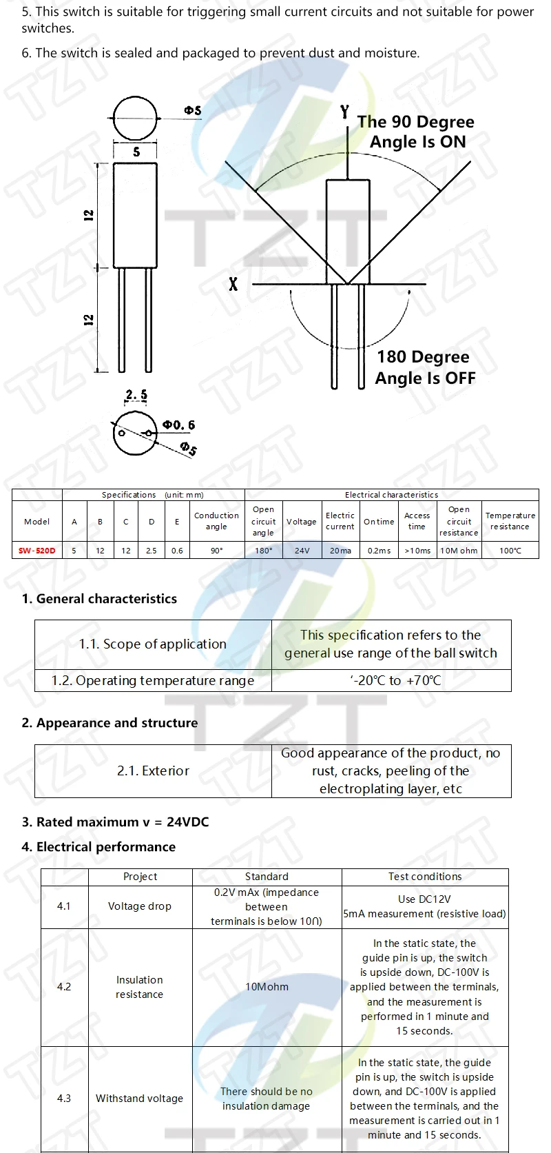 TZT SW-200D/420/520D/18010P/18015P/18020P/58010P 12V Hoch Vibration Schalter Ball Tilt Doppel perle Winkel Frühling Sensor – Detail 7