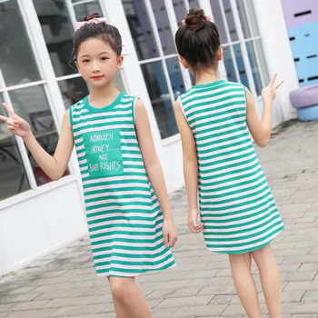 

New Summer Girls Clothing Kids Girls Sleeveless Casual Dress Fashion Teen Girls Stripe Dresses Letter Print Cotton Dress, #0802