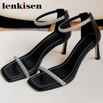 

Lenkisen European design genuine leather peep toe stiletto high heels rhinestone beauty lady nightclub shiny sandals women L22