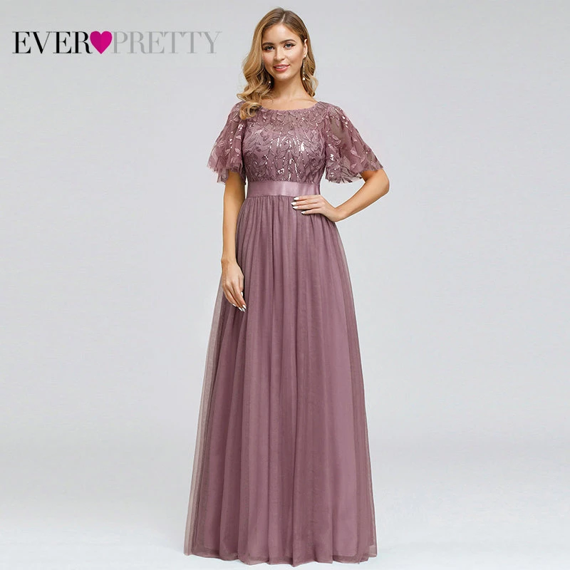 Robe De Soiree блестящие вечерние платья Длинные Ever Pretty EP00904GY A-Line o-образным вырезом с коротким рукавом Вечерние платья женские элегантные платья - Цвет: Dusty Pink