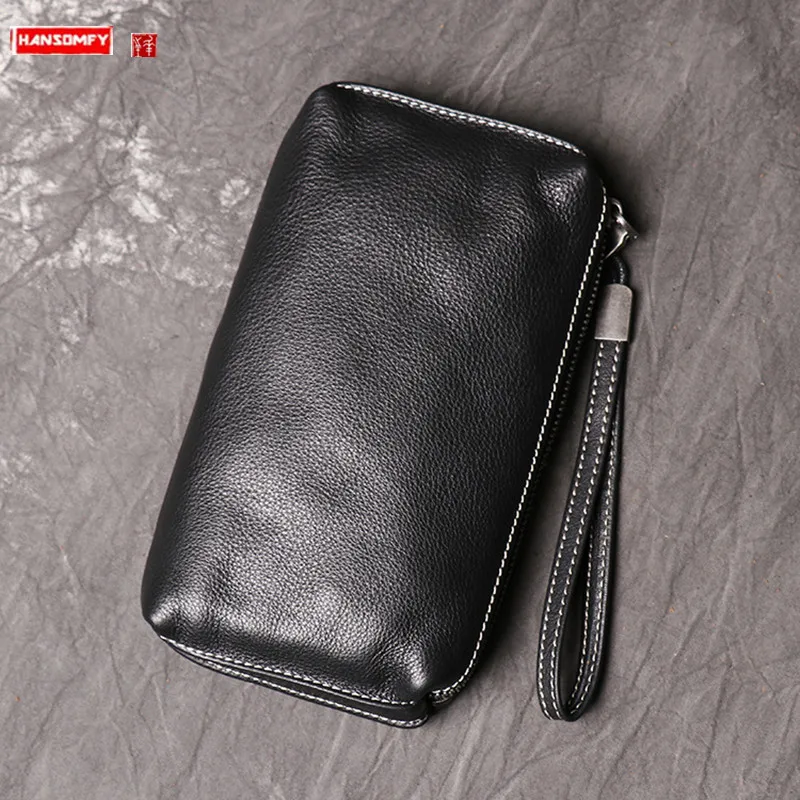 New Men's Leather Clutch Bag, Soft Leather Long Wallet, Fashionable Simple Cowhide Mobile Phone Bags