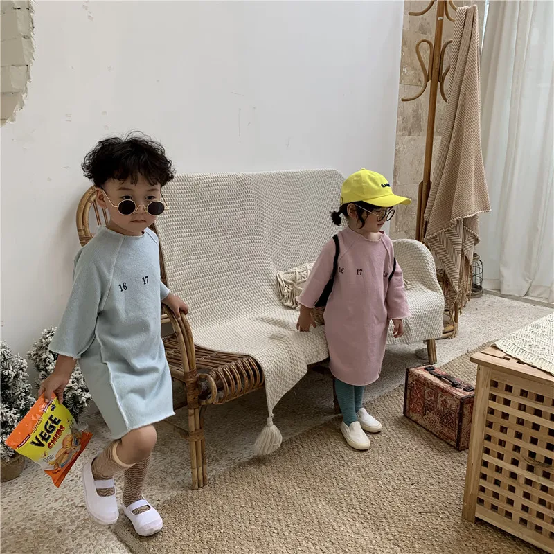 Повседневные комплекты для девочек хлопковые Свободные повседневные платья осень Длинные рукава Одежда для детей; малышей; девочек ретро-футболка платье для маленьких девочек; одежда для малышей; одежда