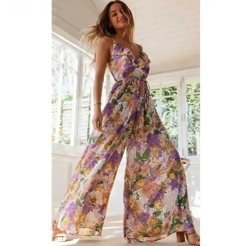 

Super Chic floral JUMPSUITs summer frill hem elastic waist ruffle romper women V-neck button wild leg boho playsuits female