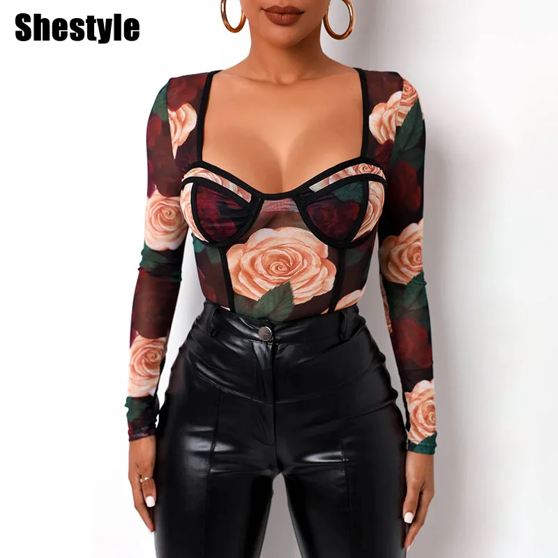 Shestyle-monos transparentes de malla para mujer, cuello cuadrado Sexy, estampado Floral Rosa Vintage, cuerpo negro, manga larga, primavera 2021
