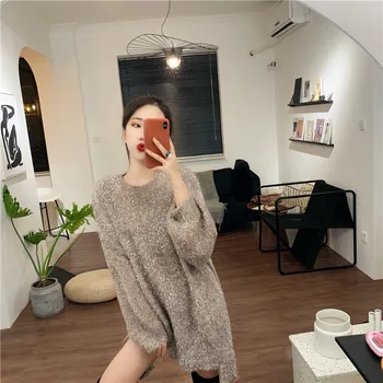 

Winter Cotton Sweater Women Oversized Knitted Shining Fashion Ladies Sweater Loose Grey Jumper Khaki Streetwear Long Sweaters