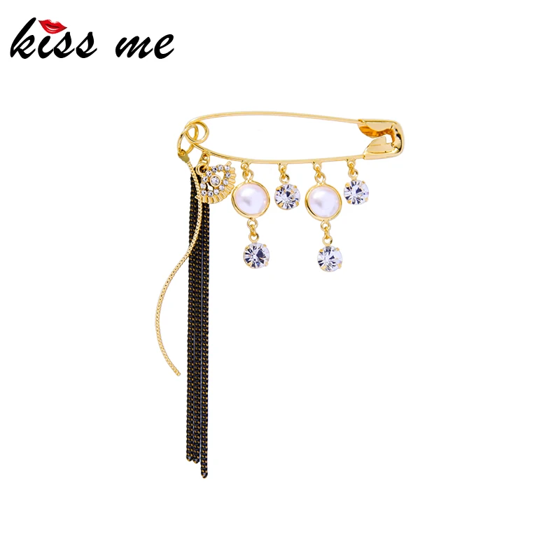 

kissme Punk Black Chains Tassel Charm Pendant Brooch For Women Gifts Crystal Evil Eye Acrylic Pearl Gold Color Fashion Jewelry