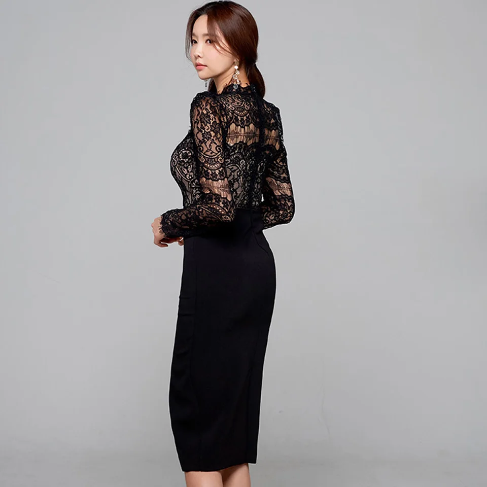 Elegant Party Dress 2024 Spring White Black High Waist Tight Stitching Sexy Lace Stand Collar Long Sleeves Office Lady Dress