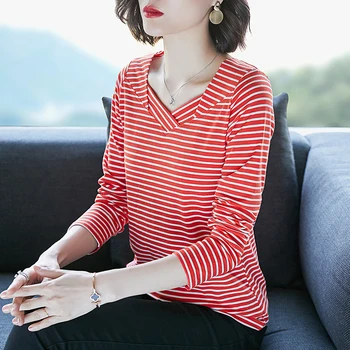 

Fashion Striped blouse women Brief Full Sleeve V-Neck blusas womens tops and blouses Orange Pink Black 3487