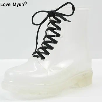 

Women Rain Boots Mature Lady Lace Up Waterproof Lady Shoes Transparent Candy Color Ankle Outdoor Girl's Shoes