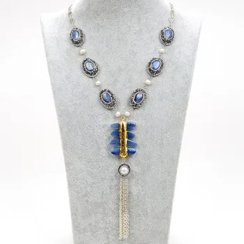 

GG Jewelry 19" Natural Oval Apatite Black Macersite Paved White Round Pearl Chain Necklace Gold Plated Apatite Pendant