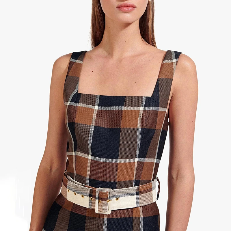 TWOTWINSTYLE Vintage Plaid Jumpsuits For Female Square Collar Spaghetti Strap High Waist With Sashes Flare Women's Jumpsuit Tide