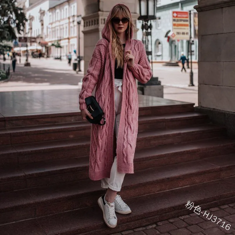 

2020 European and American new casual solid color hooded twist knit long cardigan sweater coat feminine commuter 20200629