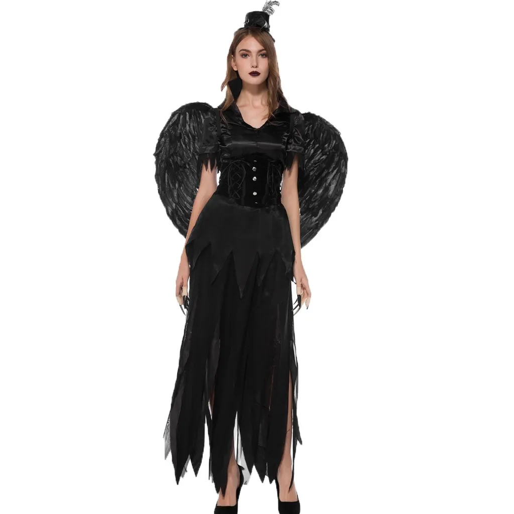 

2019 Spring Summer New Women Halloween Magic Witch Black Angel Dress Party Costume Cosplay Solid Color Soft Elegant Long Dress
