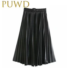 PUWD осень и зима новая плиссированная юбка из искусственной кожи с высокой талией юбка средней длины однотонная длинная юбка с декоративным поясом