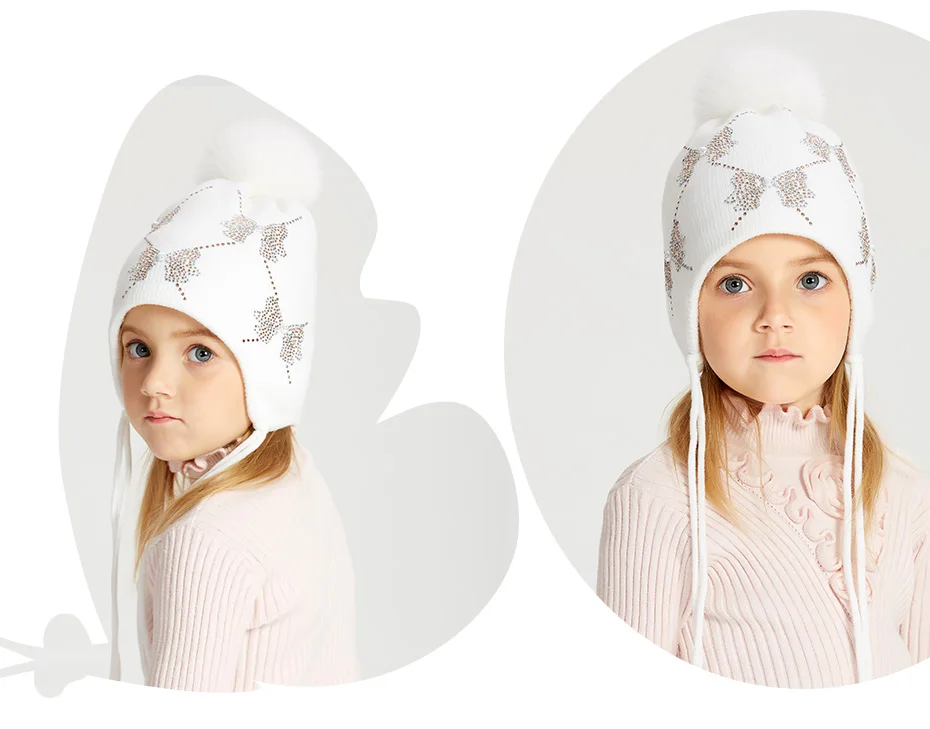 ENJOYFUR, зимняя детская шапка с помпоном из лисьего меха для девочек, стразы, бант, узор, шапочки, теплые вязаные осенние детские шапки