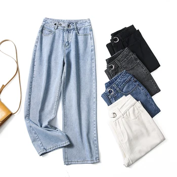 

2020 New Woman Jeans Straight Loose High Waist Denim Pants Vintage Boyfriend Style Cause Jeans Female Light Blue Denim