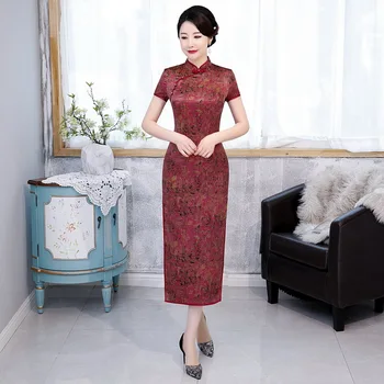 

2020 New Short Sleeve Cheongsam Lady Long High Split Silk Qipao Chinese Style Print Flower Evening Party Dress Vestidos
