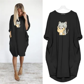 

Dress Women Cute Print Cat Dog Pocket Casual Loose Vintage Party Autumn Girls Clothes Kawaii Womens Plus Size M-5XL Dresses 2020
