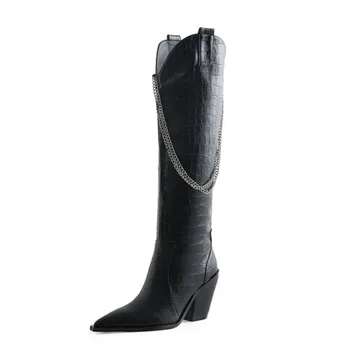 

Women Knee High Boots Genuine Leather Pointed Toe High Heels Pumps Sexy Metal Decoration Winter Night Club Shoes Woman