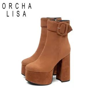 

ORCHA LISA Ankle Boots Round Toe Square Thick High Heels Extrem high Platform Flock Zipper Bukle Big size 34-43 Autumn Party