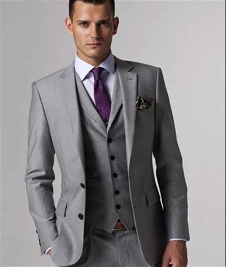 luces Repulsión Mes Traje de boda ajustado para hombre, traje de color gris claro hecho a  medida, esmoquin para novio (chaqueta + Pantalones + chaleco + corbata),  novedad|Trajes| - AliExpress