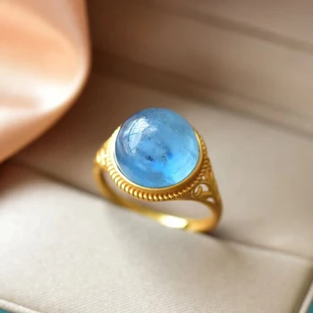 

Natural Blue Aquamarine Crystal Stone Adjustable Ring 30mm 925 Silver Big Round Beads Gift Stone Ring AAAAA Drop Shipping