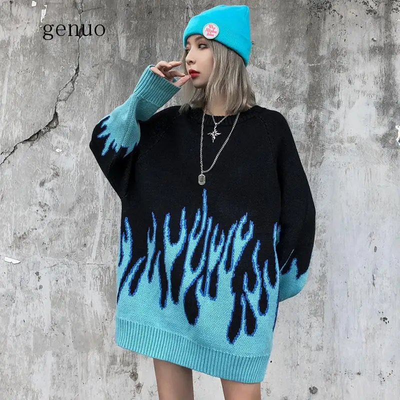 Flame Crew Neck Knitwear Jacquard Women's Sweater Hip Hop Sweater Pullover Hipster Sweater Woman Clothing Flame Crew Neck Knitwear Jacquard Women's Sweater Hip Hop Sweater Pullover Hipster Sweater Woman Clothing