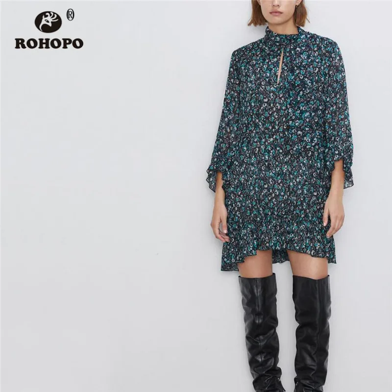 

ROHOPO Semi High Collar Bow Neck Tiny Floral Mini Dress Lantern Long Sleeve Ruffled Hem Ladies Autumn Blue Vestido #9335