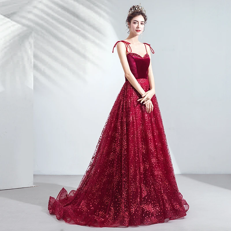 SSYFashion Новое Элегантное Вечернее Платье для банкета невесты, бордовое блестящее длинное платье для торжеств De Noche