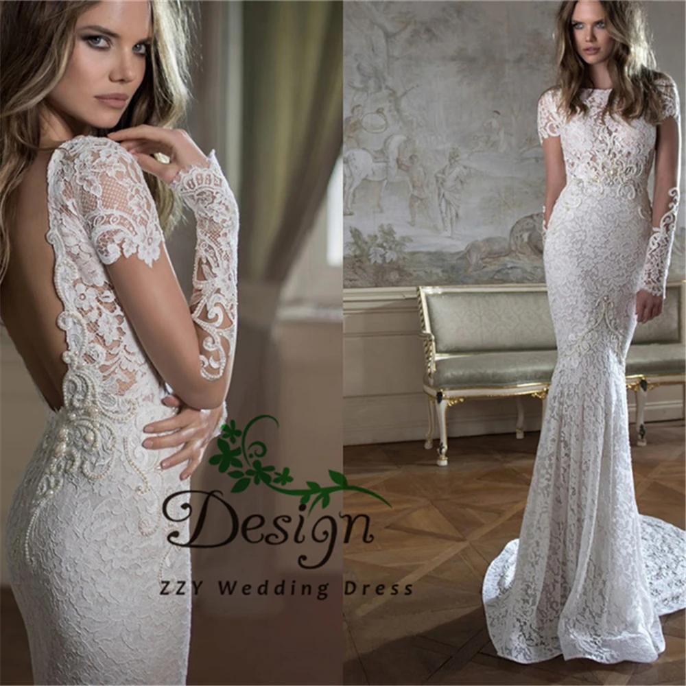 

Boat Neck Full Sleeves Dropped Sheath Custom-Made Robe De Mariee Court Train Beading Backless Lace Plus Size Wedding Dresses
