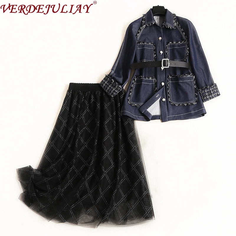 VERDEJULIAY Runway модный осенний костюм женский джинсовый сорняк лоскутное пальто с жемчугом и винтажная миди-юбка с высокой талией комплект из двух предметов