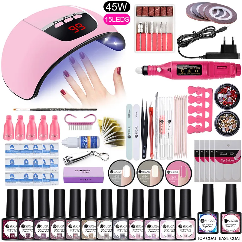 

UR SUGAR Nail Set UV LED Lamp Dryer With 12pcs Nail Gel Polish Kit Soak Off Manicure Tools Set Electric Nail drill Nail Art Tool