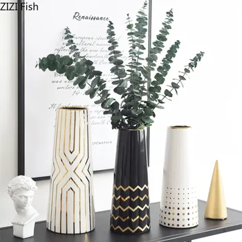 

Flower Vase Home Decoration Ceramics Geometric Graphics Bronzing Vases Floral Flowers Insert Home Decoration Accessories Modern