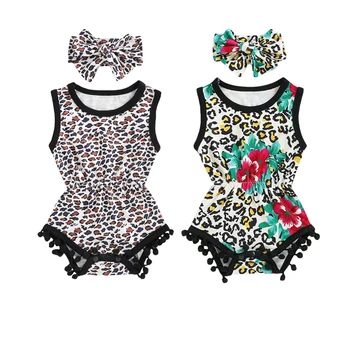 

0-18M Newborn Baby Girl Bodysuits Clothes Sleeveless Tassel Leopard Flowers Print Jumpsuits+Headband Outfits