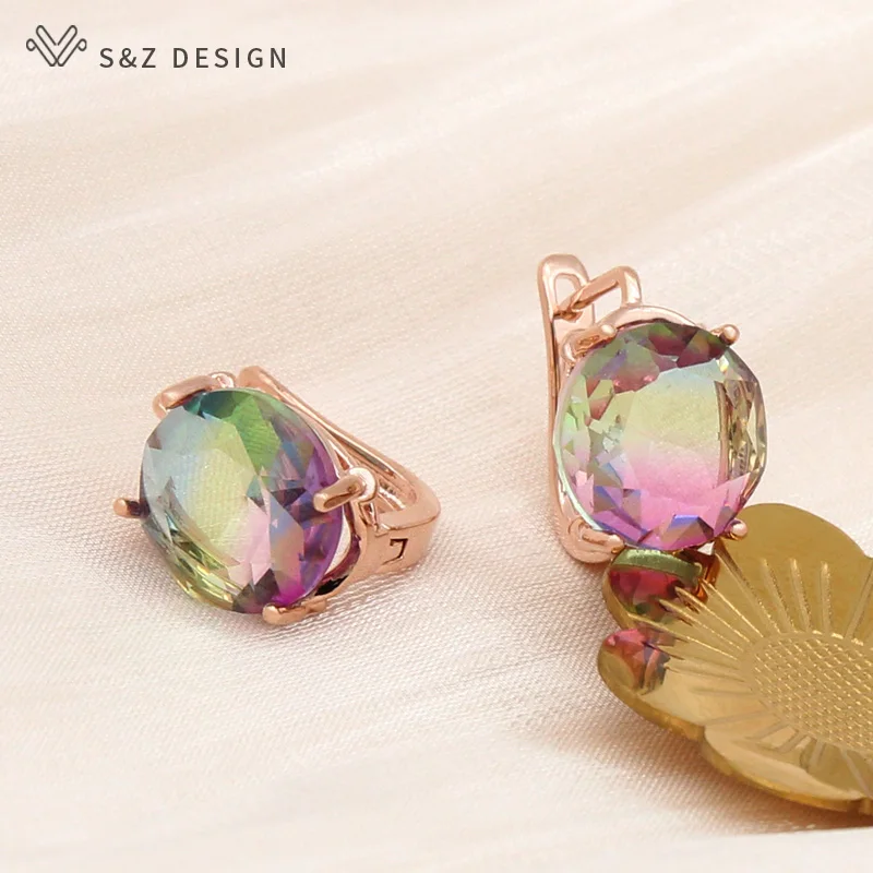 S&Z DESIGN New Fashion 585 Rose Gold Color Big Round Imitation Tourmaline Dangle Earrings For Women Wedding Party Jewelry