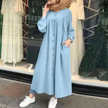 

FAKUNTN Muslim Dress Woman hijab Shirt Dress Long Sleeve Maxi Vestidos Button Robe femme musulman High Wasit Solid Sundress