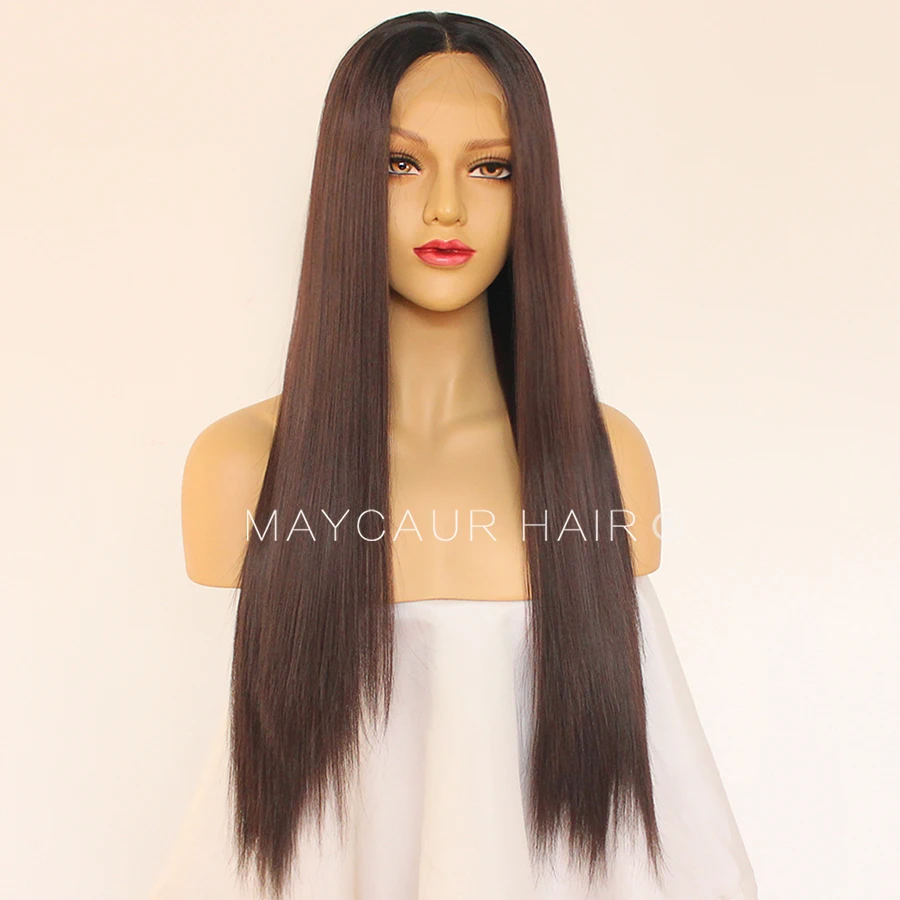Maycaur Long Straight Wigs with Natural Baby Hair Synthetic Lace Front Wigs for Black Women Glueless Black Brown Ombre Color Wig (3)