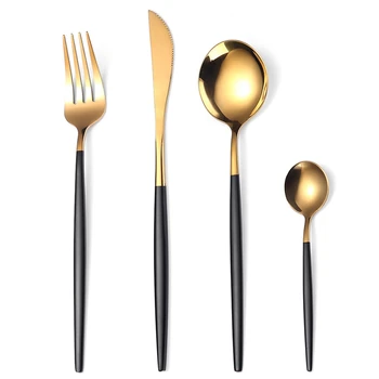 

Knife Fork Cutlery Set with Coating Handle,Coffee Spoons Dinnerware,Stainless Steel Tableware,24Pcs/Set,Black&Gold