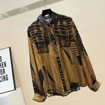 

2020 Spring New Retro Printed Perspective Blouse Woman Loose Large Size Color Block Striped Shirt Female Long Sleeve Tops