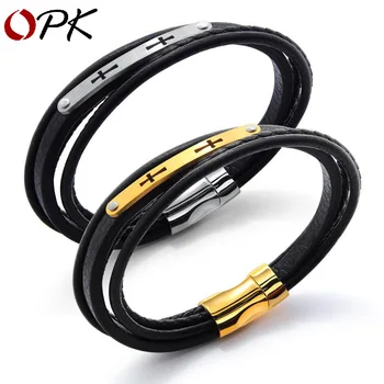 

Brand Fashion Bracelet Europe and the United States multi-layer hollow cross bracelet with titanium steel men Leather Bracelet