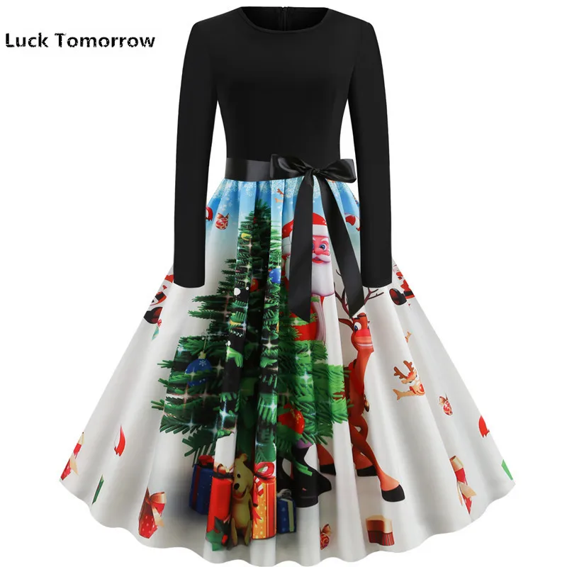 

2019 Christmas Tree Print Vestidos Autumn Winter Christmas Dress Women 50S 60S Vintage Robe Swing Pinup Party Dress Long Sleeve