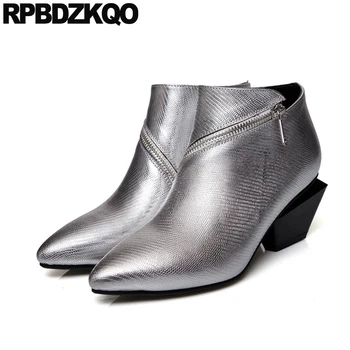 

chunky fall pointed toe boots 2019 high heel silver short genuine leather size 4 autumn luxury brand shoes women booties quality