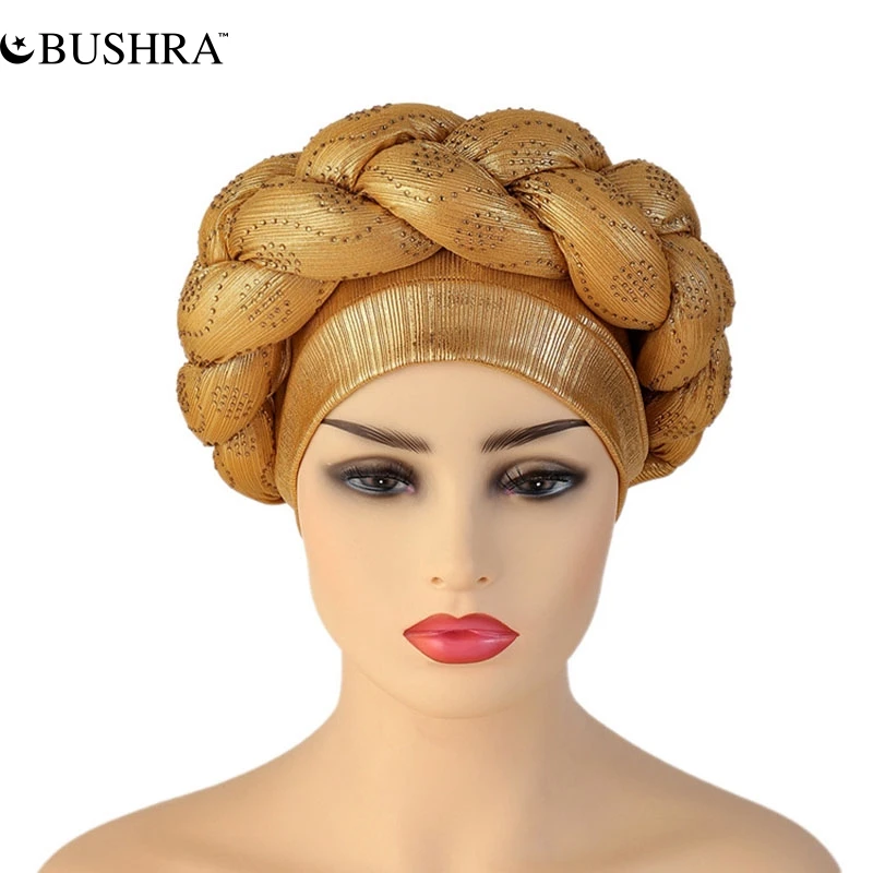 BUSHRA African Turban Cap Braided Aso Oke Gele Head Wrap Already Made Auto Headtie Nigerian Female Ready To Wear Hair Bonnet