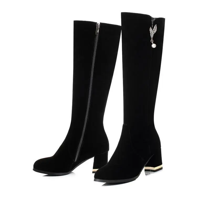 

2019 Autumn Boots Chunky Heel High-Top Round-Toe Suede Fur Mid-Heel Winter Fashion Shoes Zipper Rhinestone Decoration Knee Boots