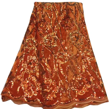 

(5yards/pc) Soft and smooth African velvet lace fabric in orange with wonderful sequins embroidery for party dress FZZ923